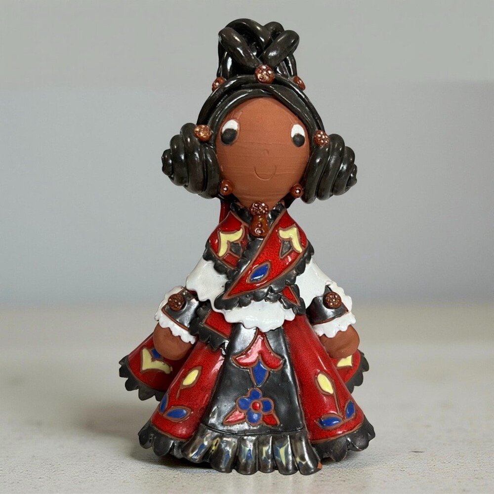 Vintage Mexican Talavera Hand Made Terracotta Doll Traditional Wear Clay Signed